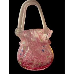 Mid 20th Century Hand Blown Art Glass Confetti Pink Purple Purse Applied Ribbon